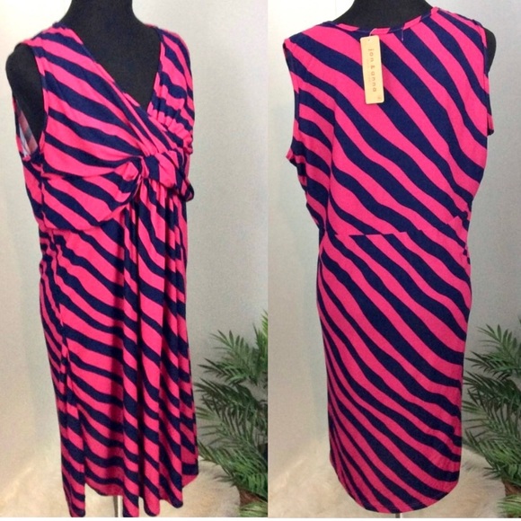 Midi Dress XL Striped Fuchsia Navy Ruched NWT sleeveless - Picture 2 of 11